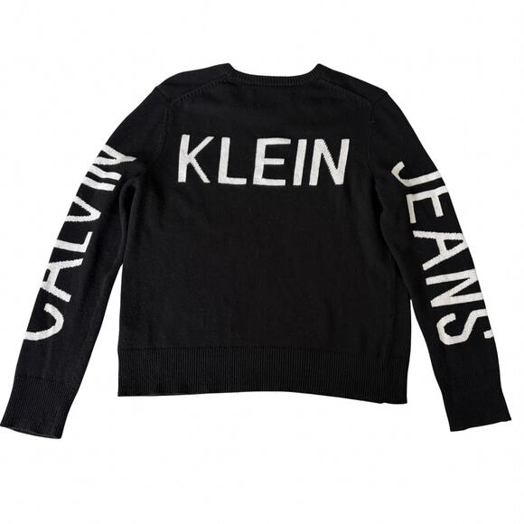 Calvin Klein Jeans Black Logo Knit Sweater Women’s L Y2K Spell Out Sleeve Back - Picture 1 of 7